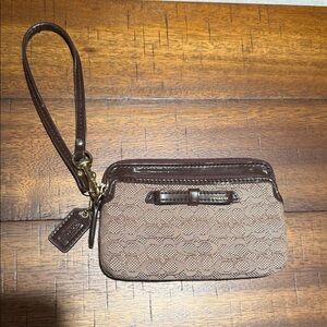 Coach Beige & Brown Signature Canvas Wristlet with Leather Trim